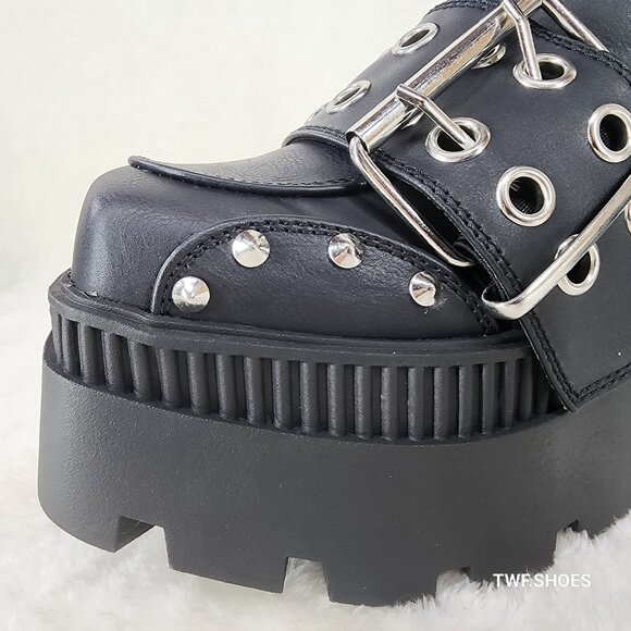 Wicked Wrath 58 Square Toe Goth Lace Up Big Buckle Strap Ankle Boots - Picture 13 of 13